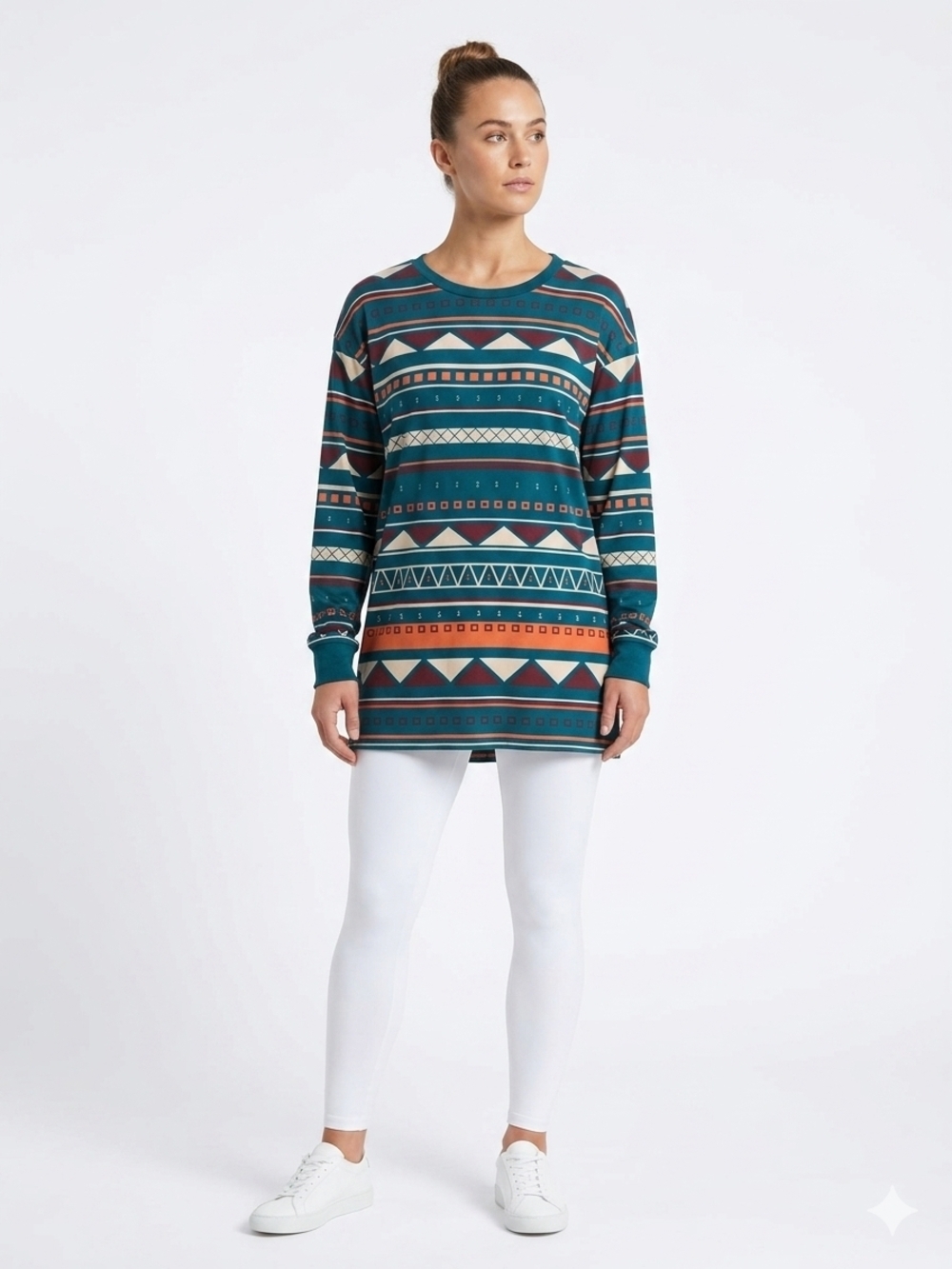 Printed Teal Geometric Long-Sleeve Tunic Top Up To Size 3XL